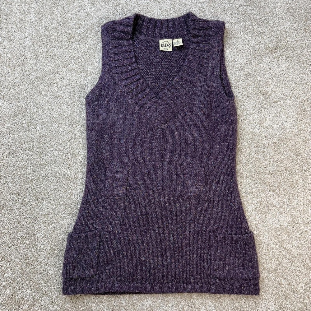 Vintage B.MOSS Sweater Vest Womens Small Purple V Neck Pockets Tight-Knit Tunic